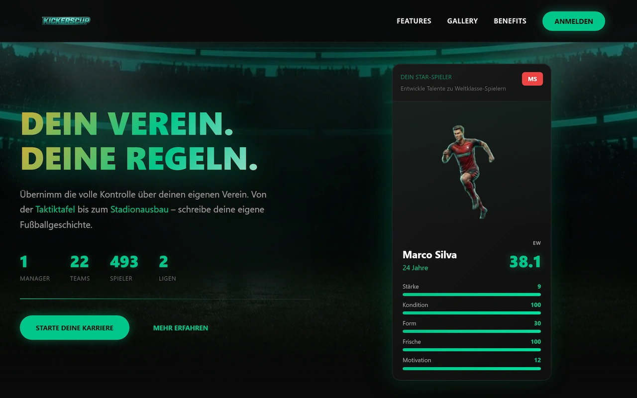 Screenshot des Kickerscup Online-Fußballmanager Projekts – Vereinsmanagement-Dashboard mit Taktik- und Transferübersicht